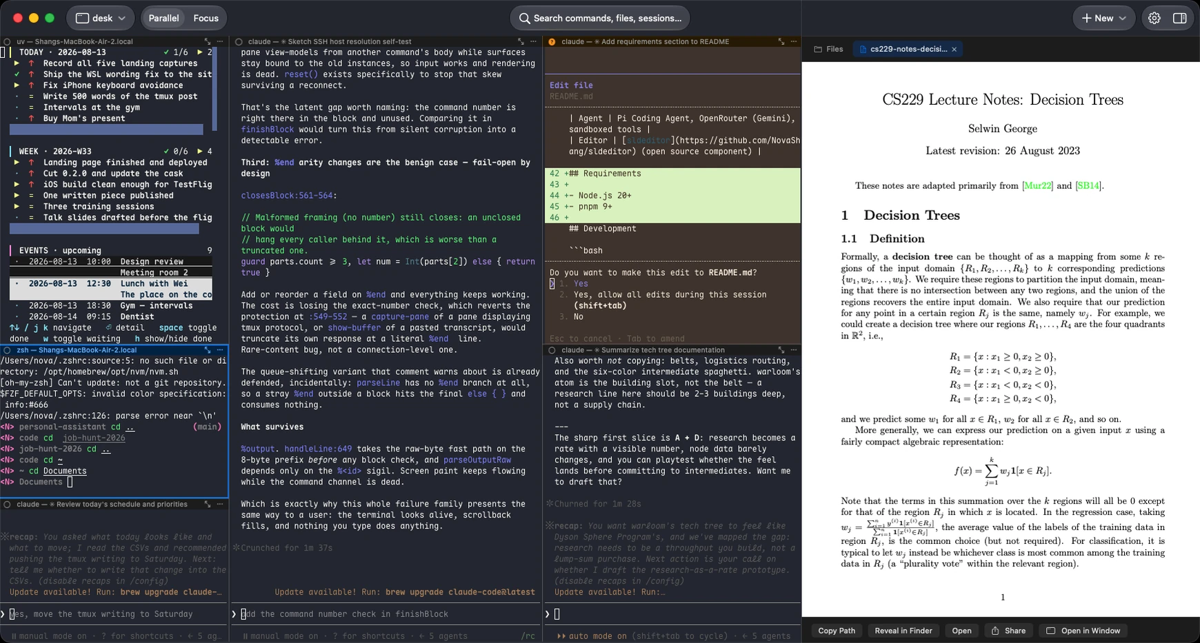 A PDF open in the preview panel next to the running panes.
