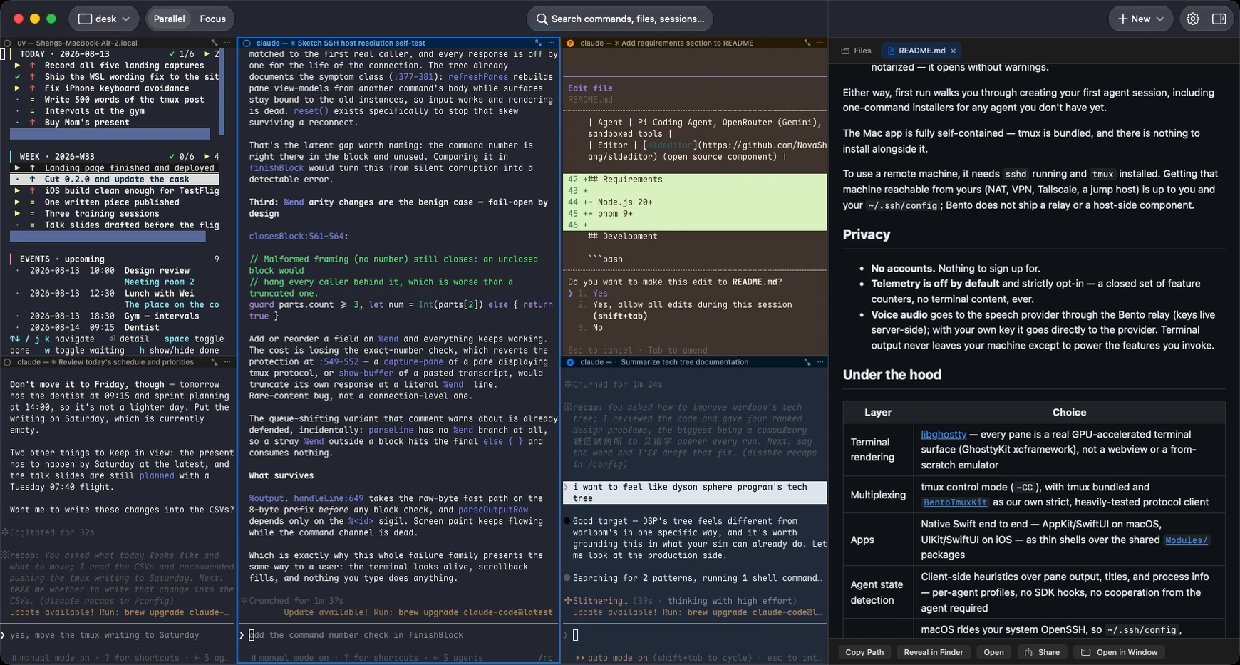 A Markdown file rendered in the preview panel, with headings, a table and links.